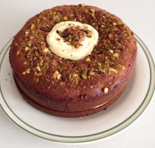 Mawa Cake  With Pistachios, Rose and Saffron Cream